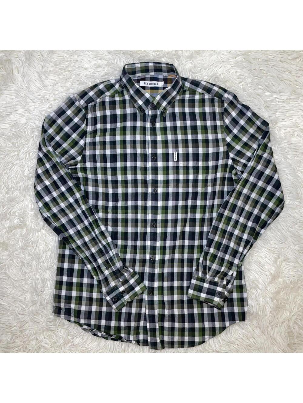 Ben Sherman Flannel Shirt Mens M Blue Green Plaid Button Long Sleeve Lightweight